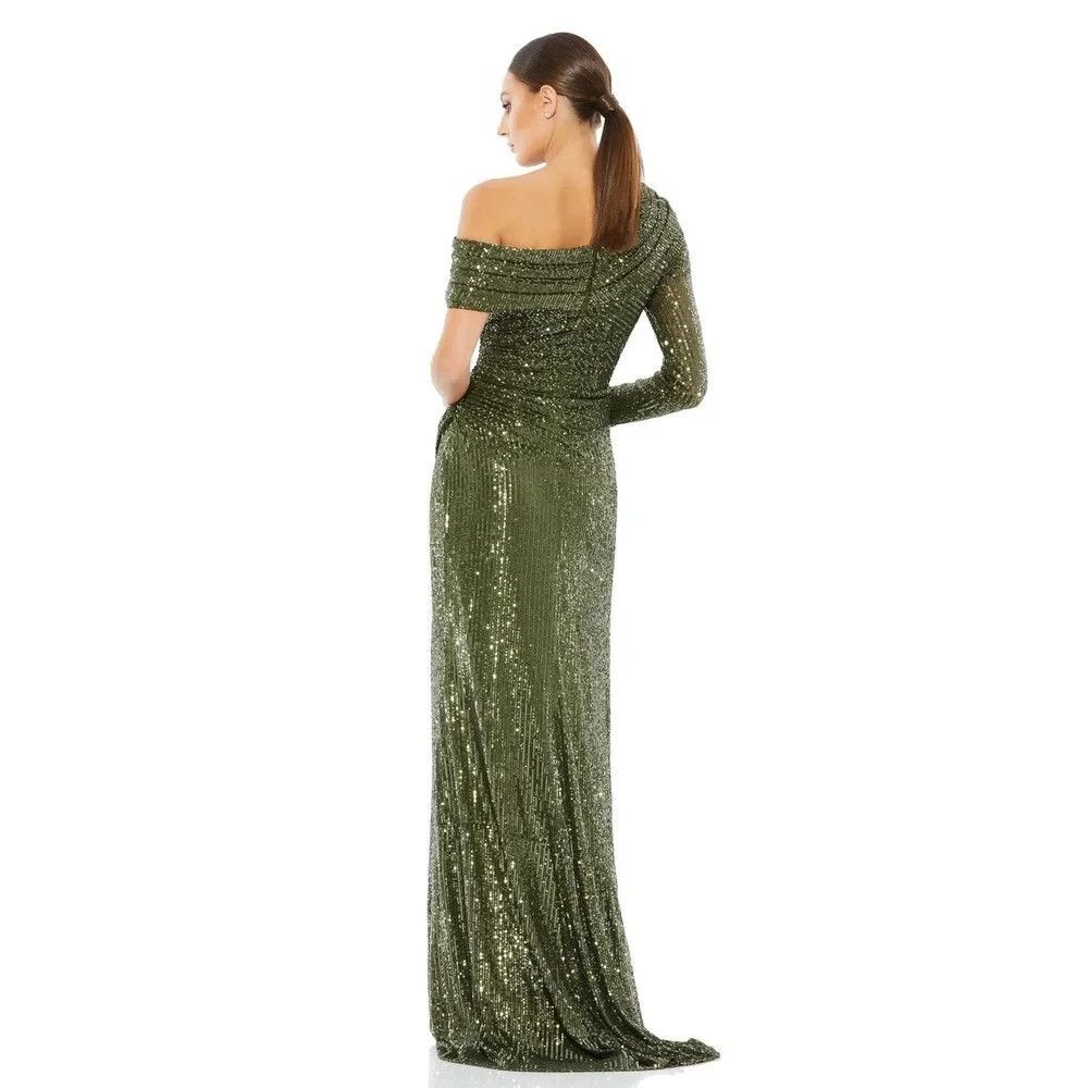 MAC DUGGAL 26571 One Shoulder Long Sleeve Thigh High Slit Sequin Gown 12 OLIVE - Picture 3 of 11